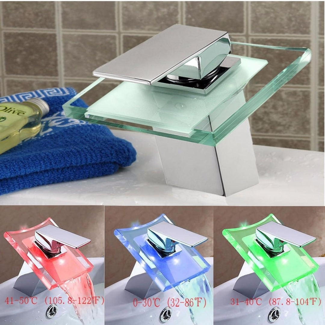 LED Color Changing Waterfall Faucet Bathroom Sink Glass Basin Bathtub Mixer Tap Image 9