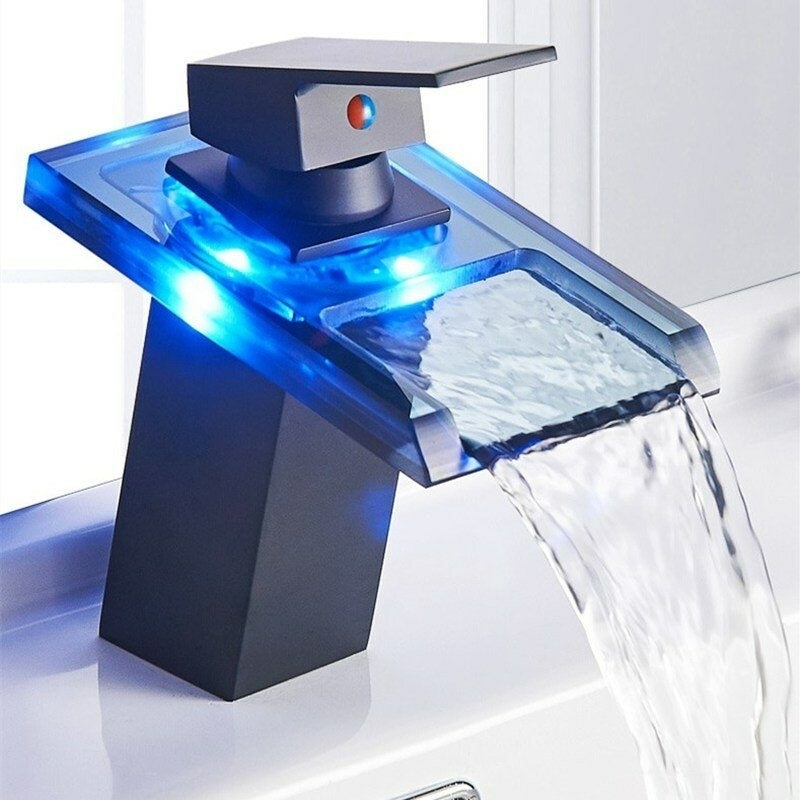 LED Light Bathroom Sink Faucet 3 Colors Changing Waterfall Glass Spout Single Handle Hole Cold and Hot Water Mixer Deck Image 2