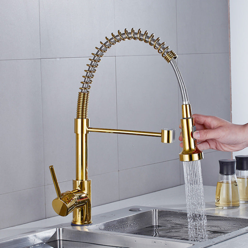 Luxury Gold Kitchen Sink Faucets Brass Single Lever Pull Out Spring Spout Mixers Tap Hot Cold Water Crane Image 2