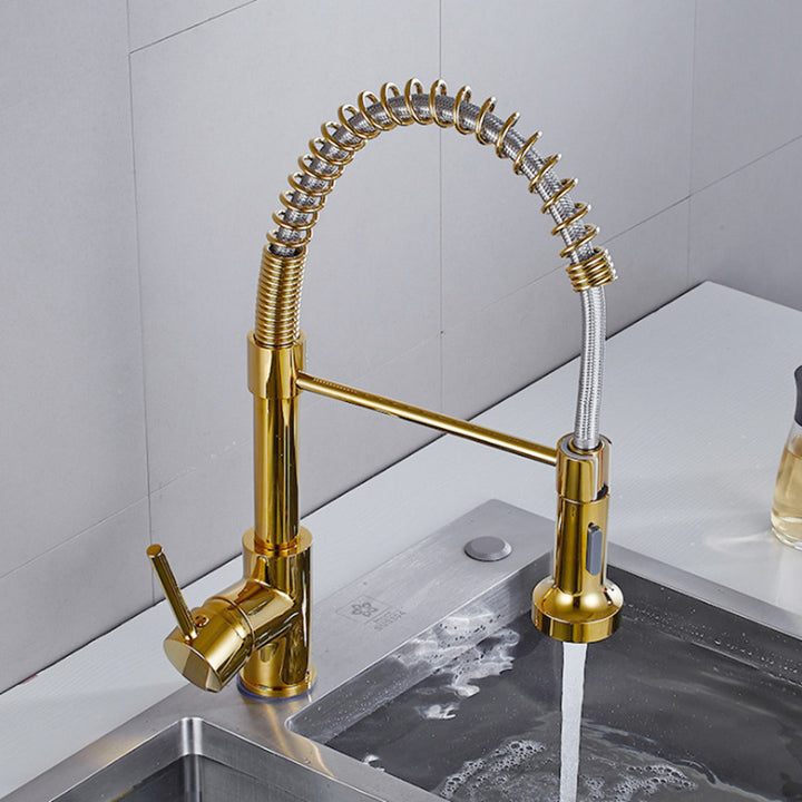 Luxury Gold Kitchen Sink Faucets Brass Single Lever Pull Out Spring Spout Mixers Tap Hot Cold Water Crane Image 3