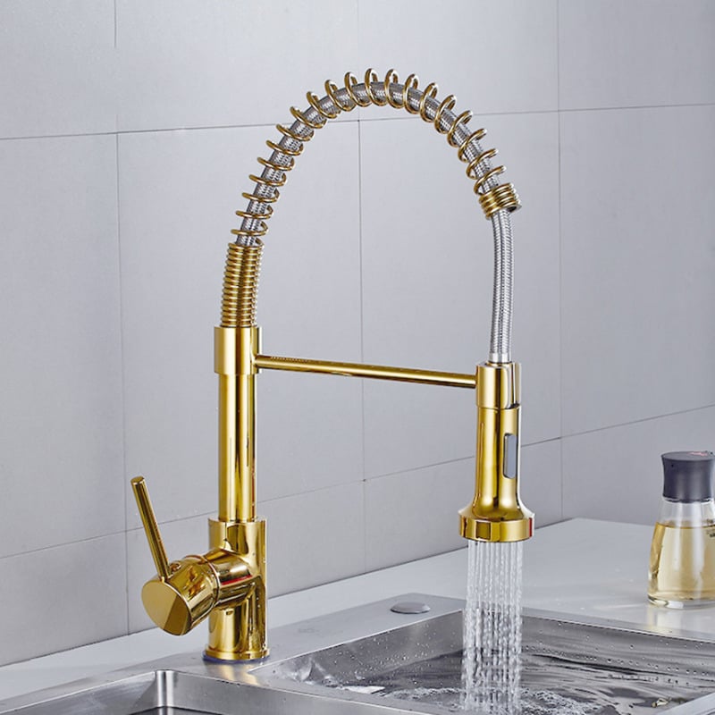 Luxury Gold Kitchen Sink Faucets Brass Single Lever Pull Out Spring Spout Mixers Tap Hot Cold Water Crane Image 4