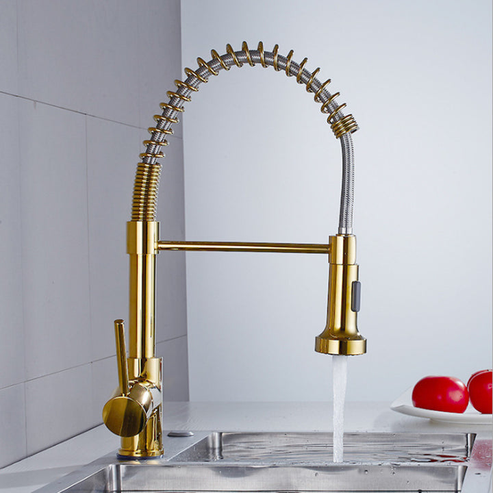 Luxury Gold Kitchen Sink Faucets Brass Single Lever Pull Out Spring Spout Mixers Tap Hot Cold Water Crane Image 5