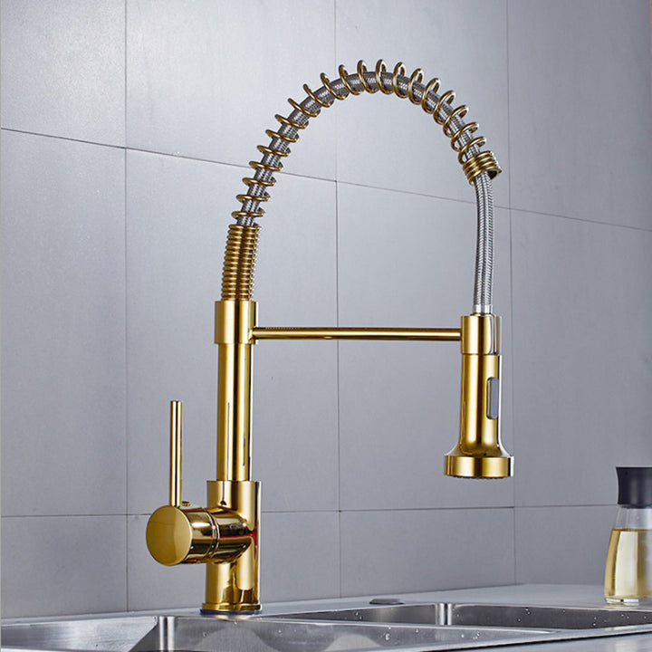 Luxury Gold Kitchen Sink Faucets Brass Single Lever Pull Out Spring Spout Mixers Tap Hot Cold Water Crane Image 6