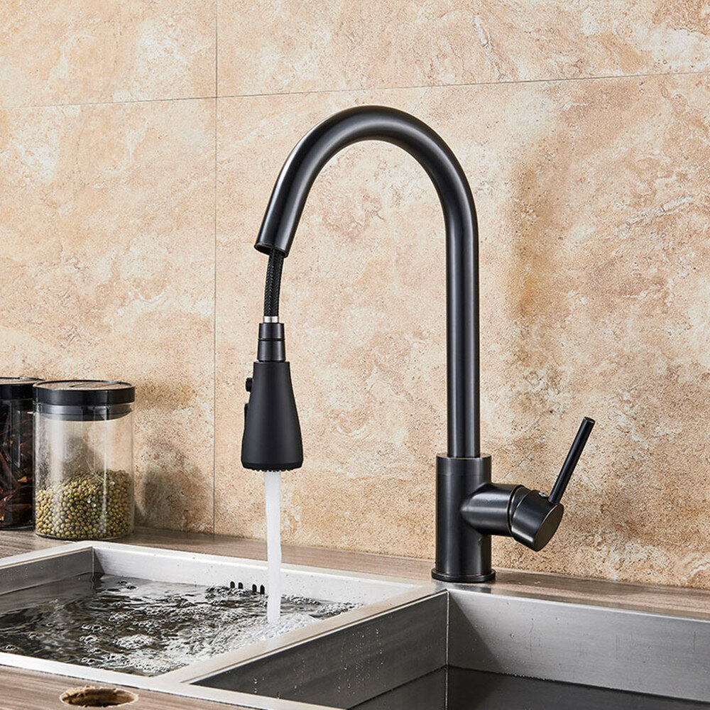 Matte Black Kitchen Sink Faucet Brass Single Lever Pull Out Mixers Hot Cold Water Tap Image 2