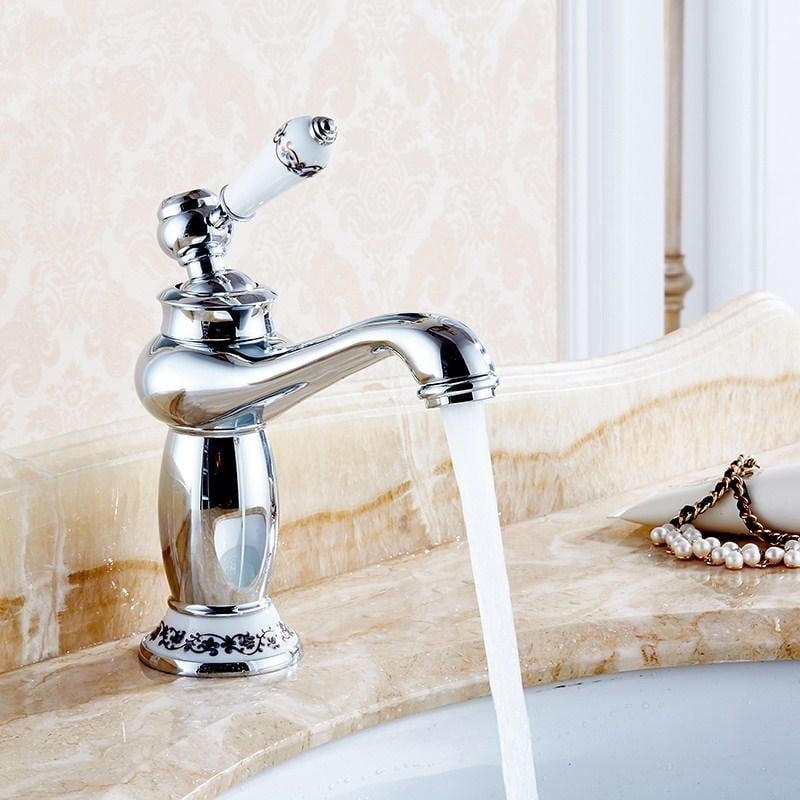 Modern Brass Finish Carving Single Handle Bathroom Kitchen Sink Faucet Mix Tap Image 2