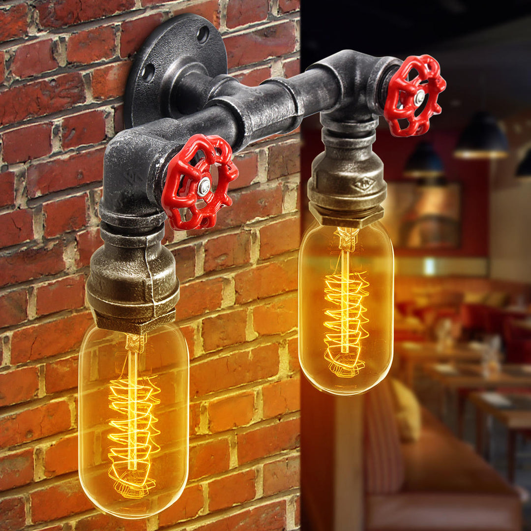 Retro Wall Lamp Industrial Iron Dual Water Pipe Shape Sconce Light Fixture Fitting Image 11