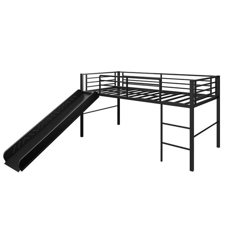 Twin Metal Loft Bed with Slide Guardrails Built-in Ladder Low Bed Frame Image 1