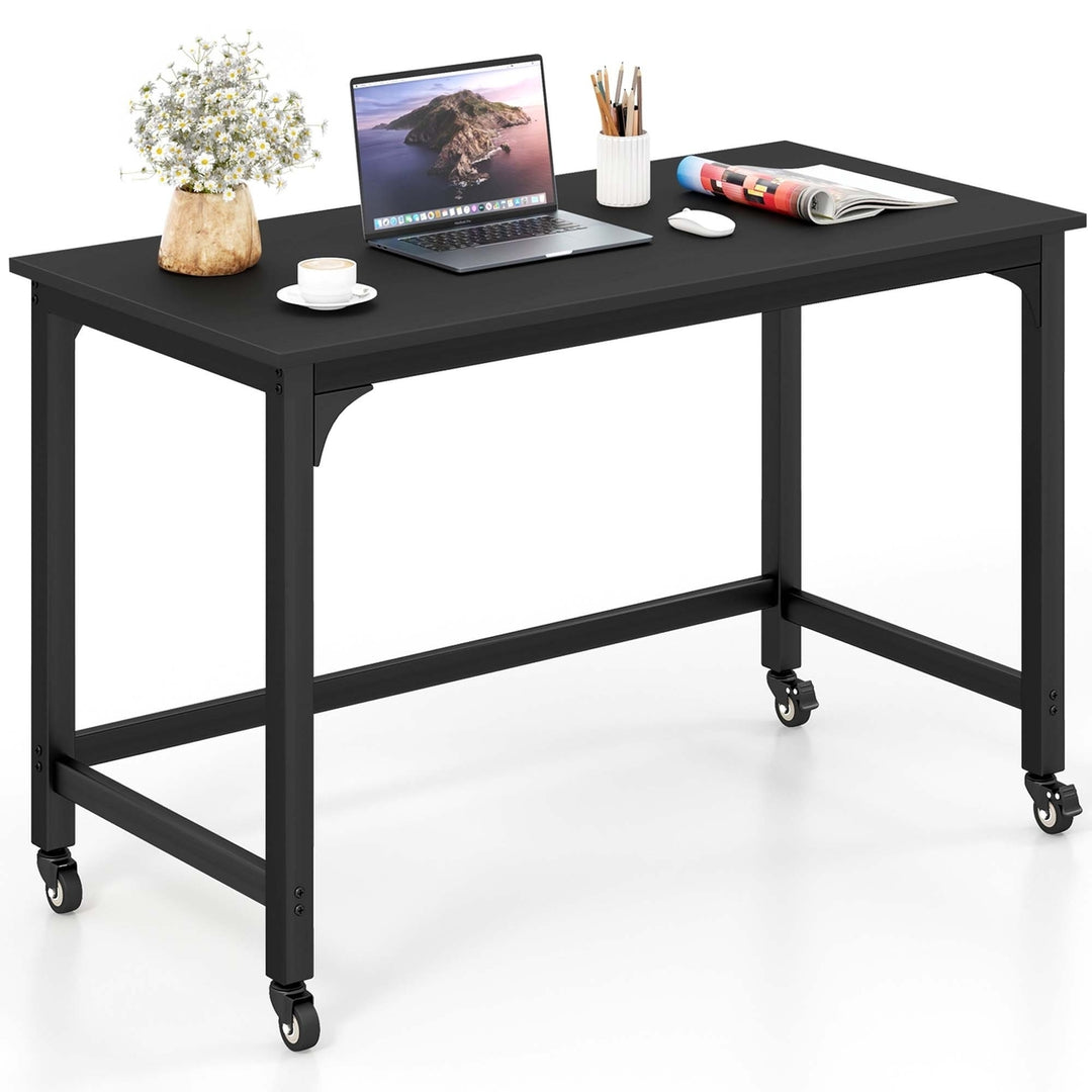 Rolling Computer Desk Wood Top Metal Frame Laptop Table Study Workstation Black Image 1