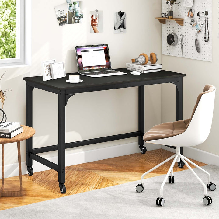 Rolling Computer Desk Wood Top Metal Frame Laptop Table Study Workstation Black Image 4