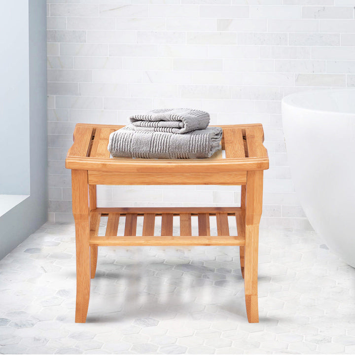 Bamboo Shower Seat Bench Bathroom Spa Bath Organizer Stool with Storage Shelf Image 3