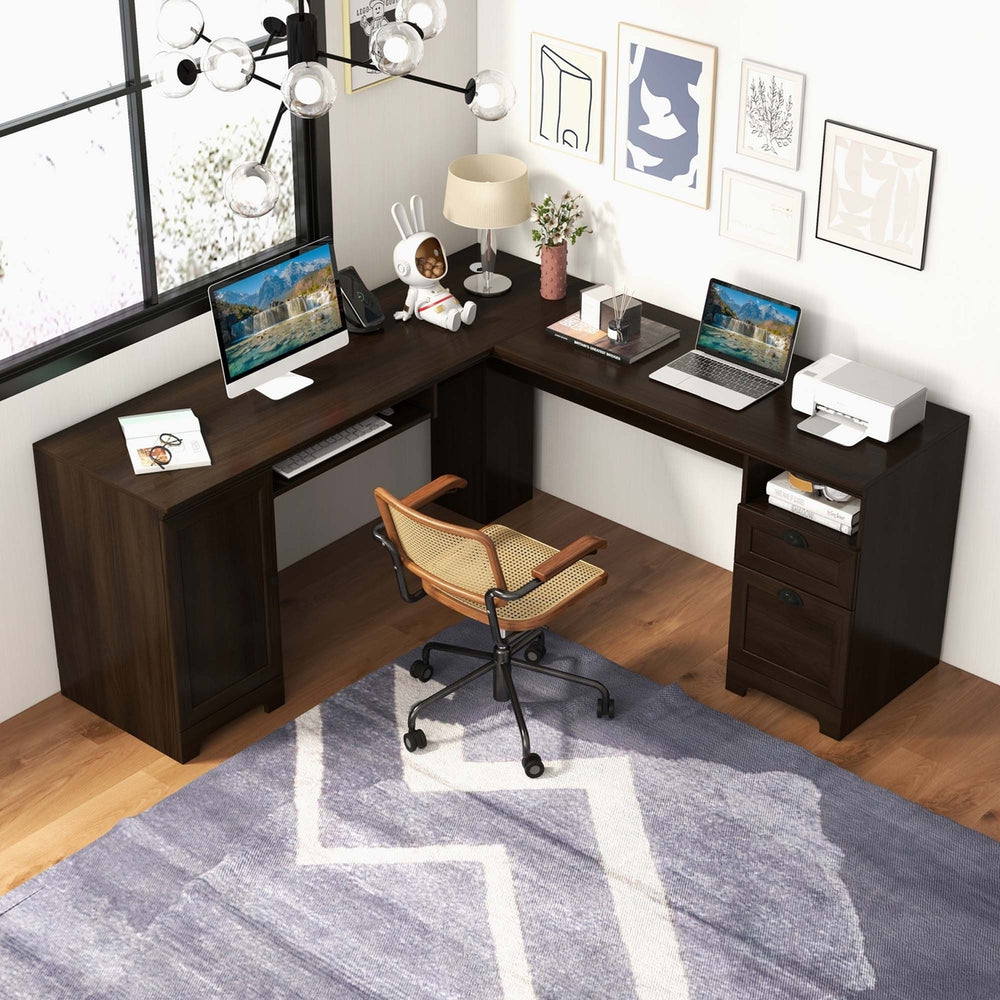 L-Shaped Corner Computer Desk Writing Table Study Workstation w/ Drawers Coffee Image 2