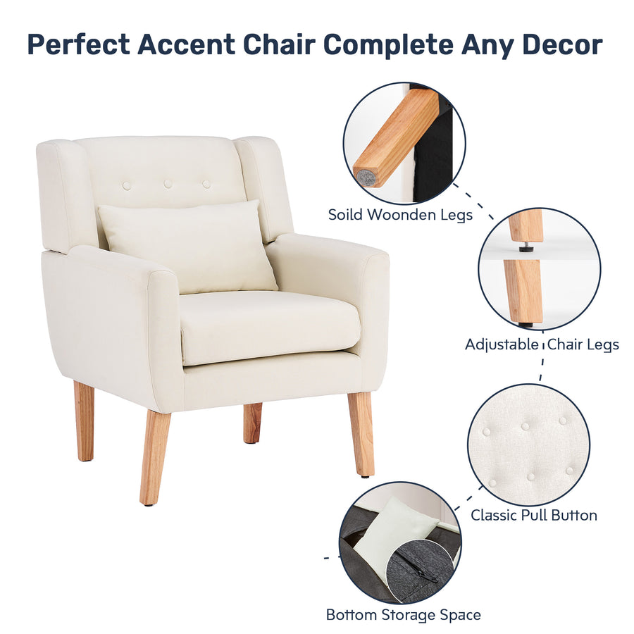 Upholstered Linen Bottom Storage Button Tufted Accent Chair with Lumbar Pillow, Sofa Chair with Rubber Wood Legs Image 1