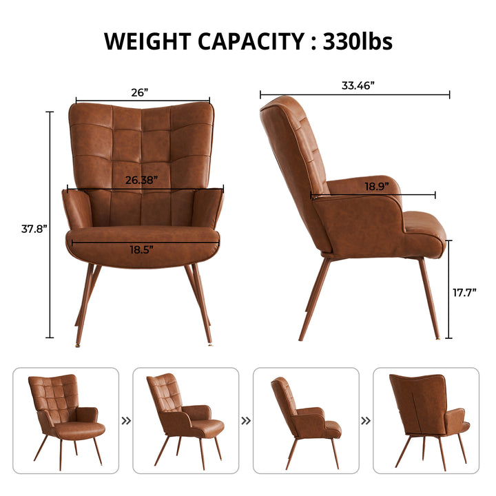 Faux Leather Accent Chair, Upholstered High Backrest Arm Chair with Solid Metal Legs, Sofa Chair for Bedroom, Living Image 11