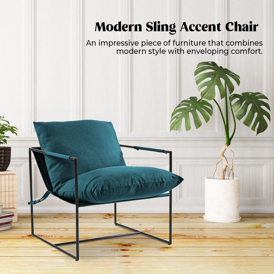 Upholstered Sling Accent Chair with Metal Frame Modern Style, Peacock Blue Image 1