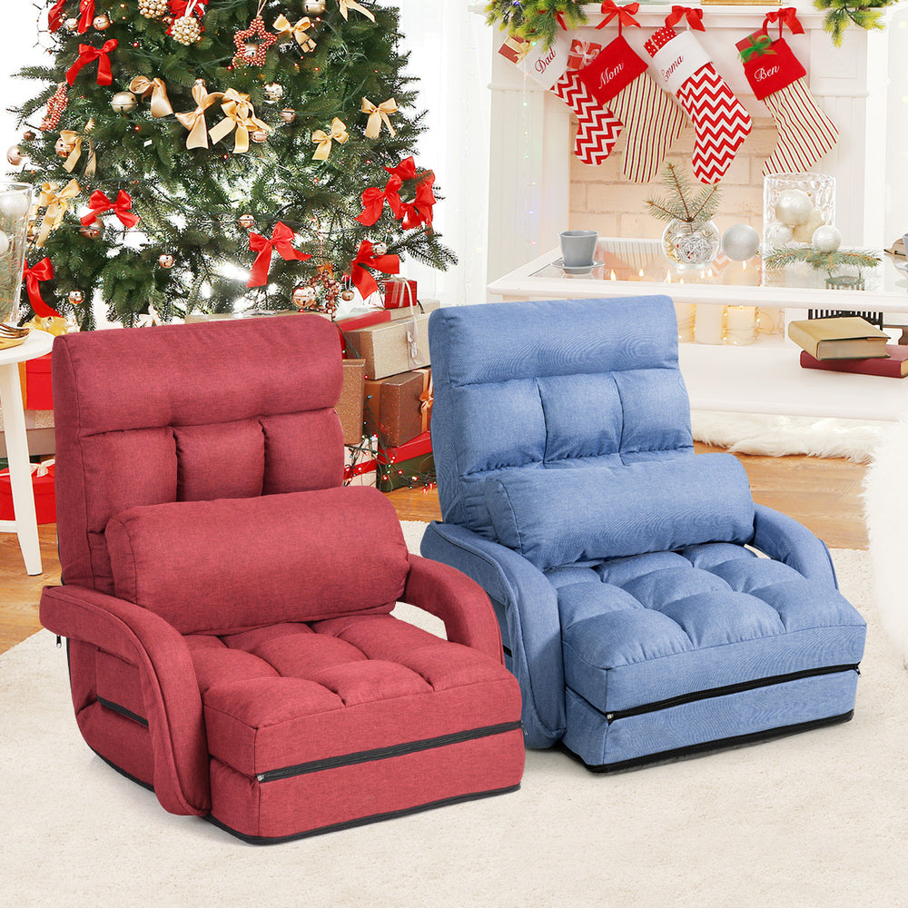 Folding Floor Armchair w/6-position Adjustable Back and Lumbar Pillow Red Image 2