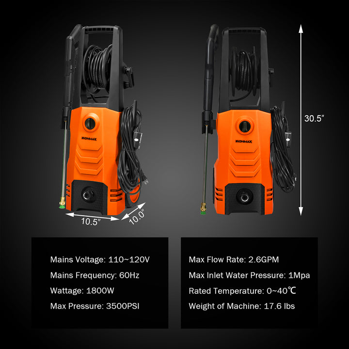 IronMax 3500PSI Electric Pressure Washer 2.6GPM 1800W w/ 4 Nozzles and Foam Lance Orange\Green Image 2