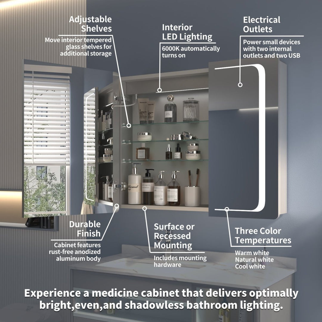 ExBrite 36" LED Lighted Medicine Cabinet Mirror Waterproof Recessed Surface Mounted Image 3