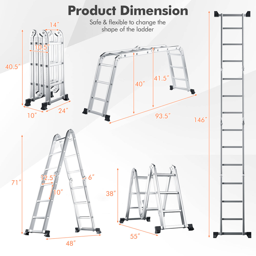 12Ft Folding Step Ladder 7-in-1 Aluminium Alloy Extension Ladder 330 Lbs Image 2