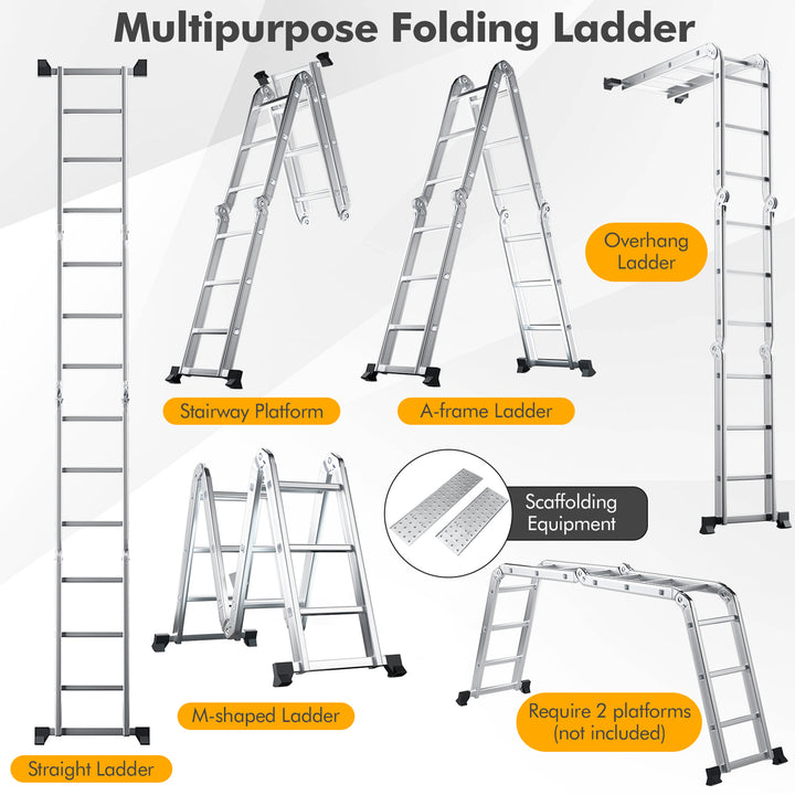 12Ft Folding Step Ladder 7-in-1 Aluminium Alloy Extension Ladder 330 Lbs Image 9