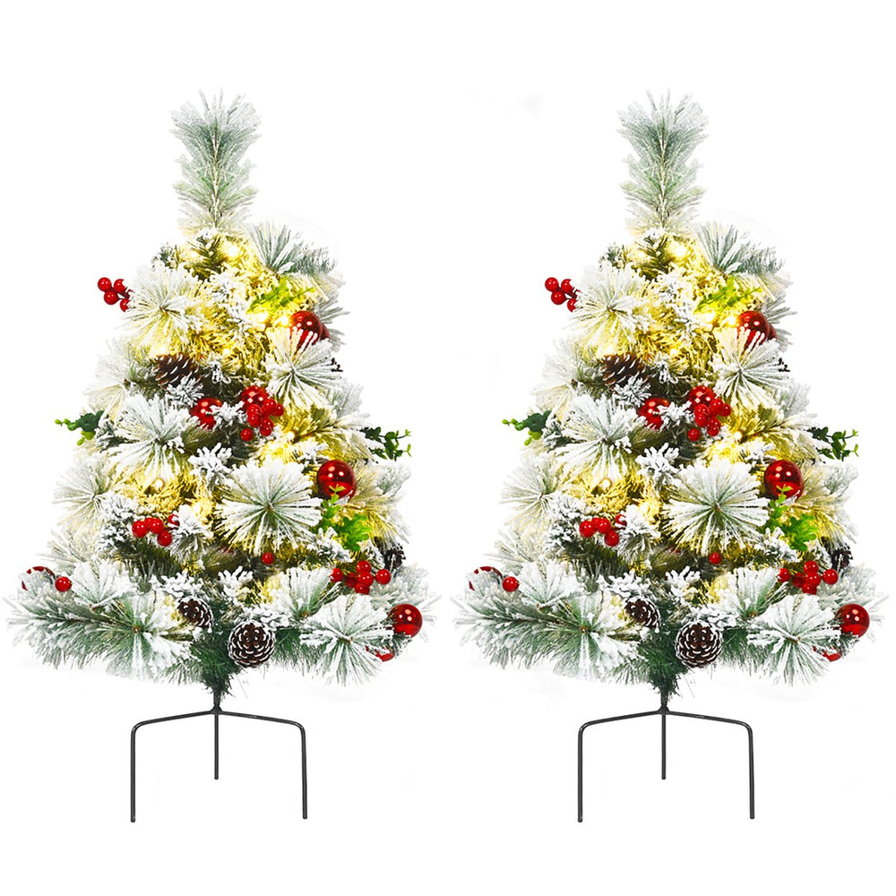 Set of 2 24in Battery Powered Pre-lit Pathway Flocked Christmas Trees Outdoor Image 2