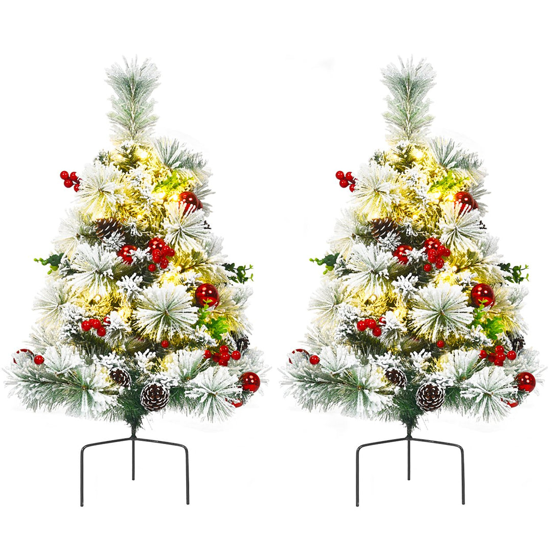 Set of 2 24in Battery Powered Pre-lit Pathway Flocked Christmas Trees Outdoor Image 2