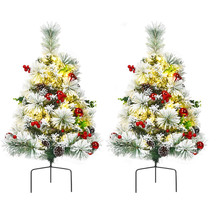 Set of 2 24in Battery Powered Pre-lit Pathway Flocked Christmas Trees Outdoor Image 2