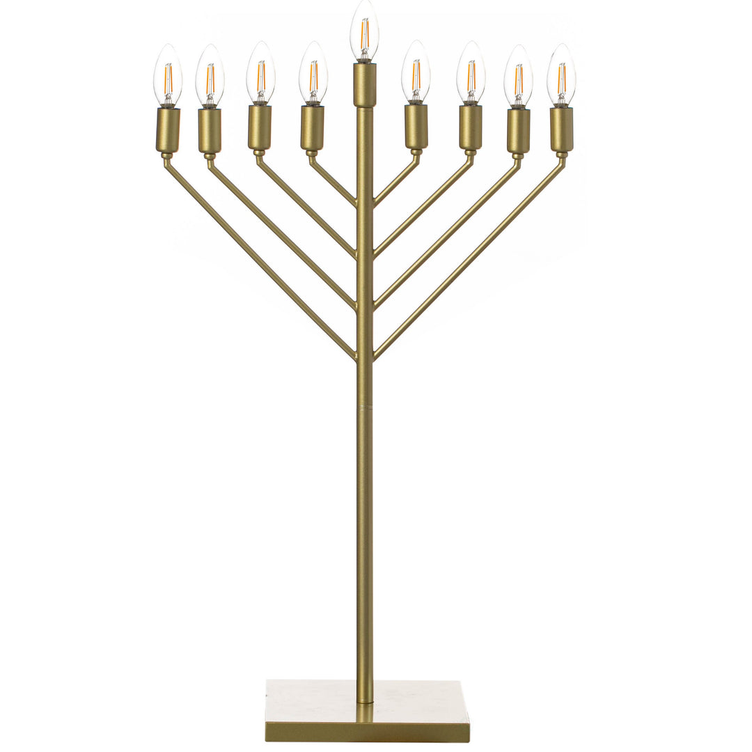 Large Modern Antique Gold Nine Branch Electric Chabad Style Hanukkah Menorah with Flame Shaped LED Bulbs Image 1