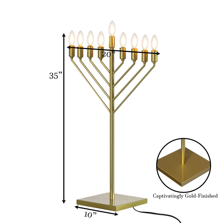 Large Modern Antique Gold Nine Branch Electric Chabad Style Hanukkah Menorah with Flame Shaped LED Bulbs Image 4