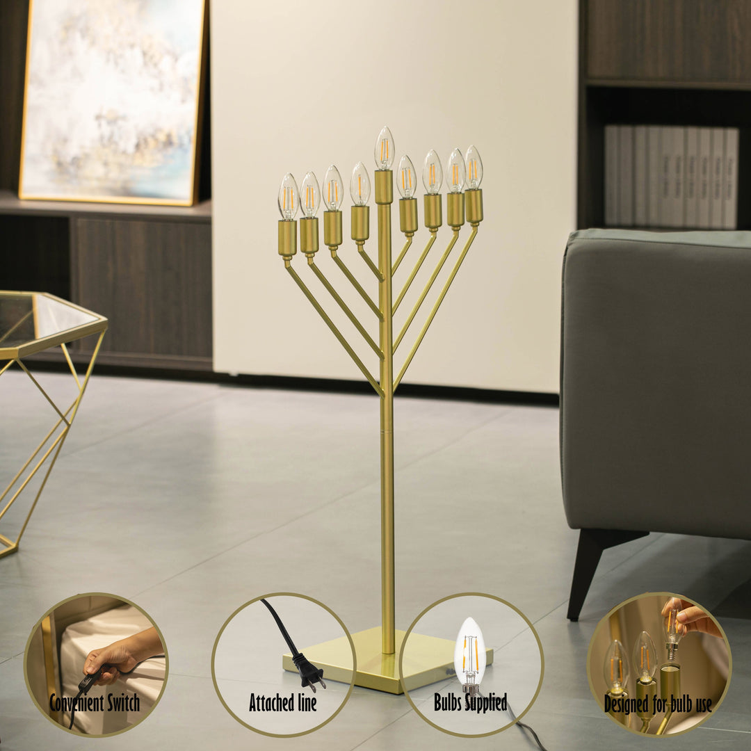 Large Modern Antique Gold Nine Branch Electric Chabad Style Hanukkah Menorah with Flame Shaped LED Bulbs Image 5