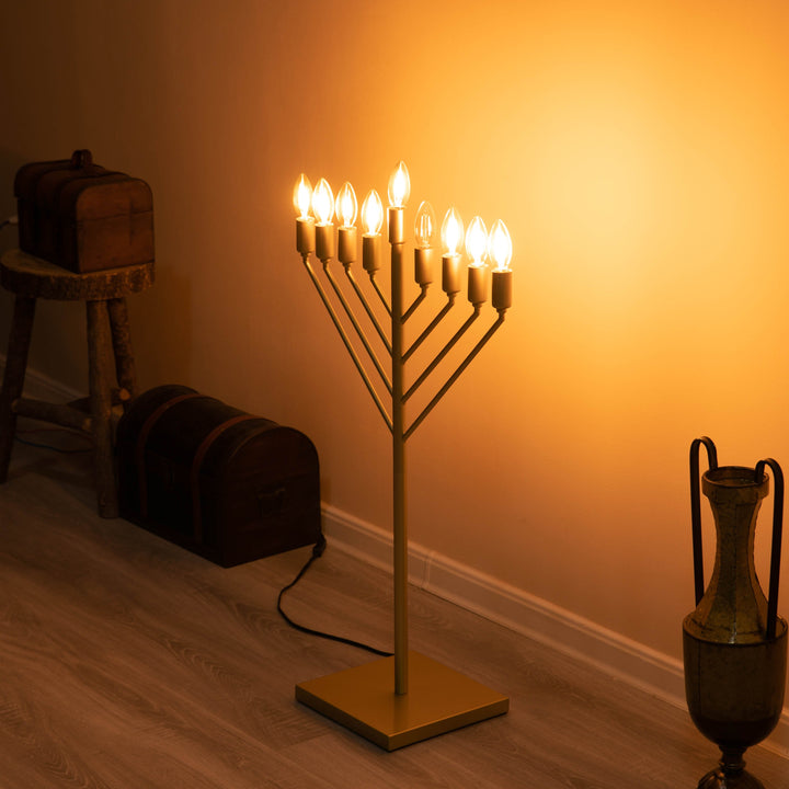 Large Modern Antique Gold Nine Branch Electric Chabad Style Hanukkah Menorah with Flame Shaped LED Bulbs Image 7