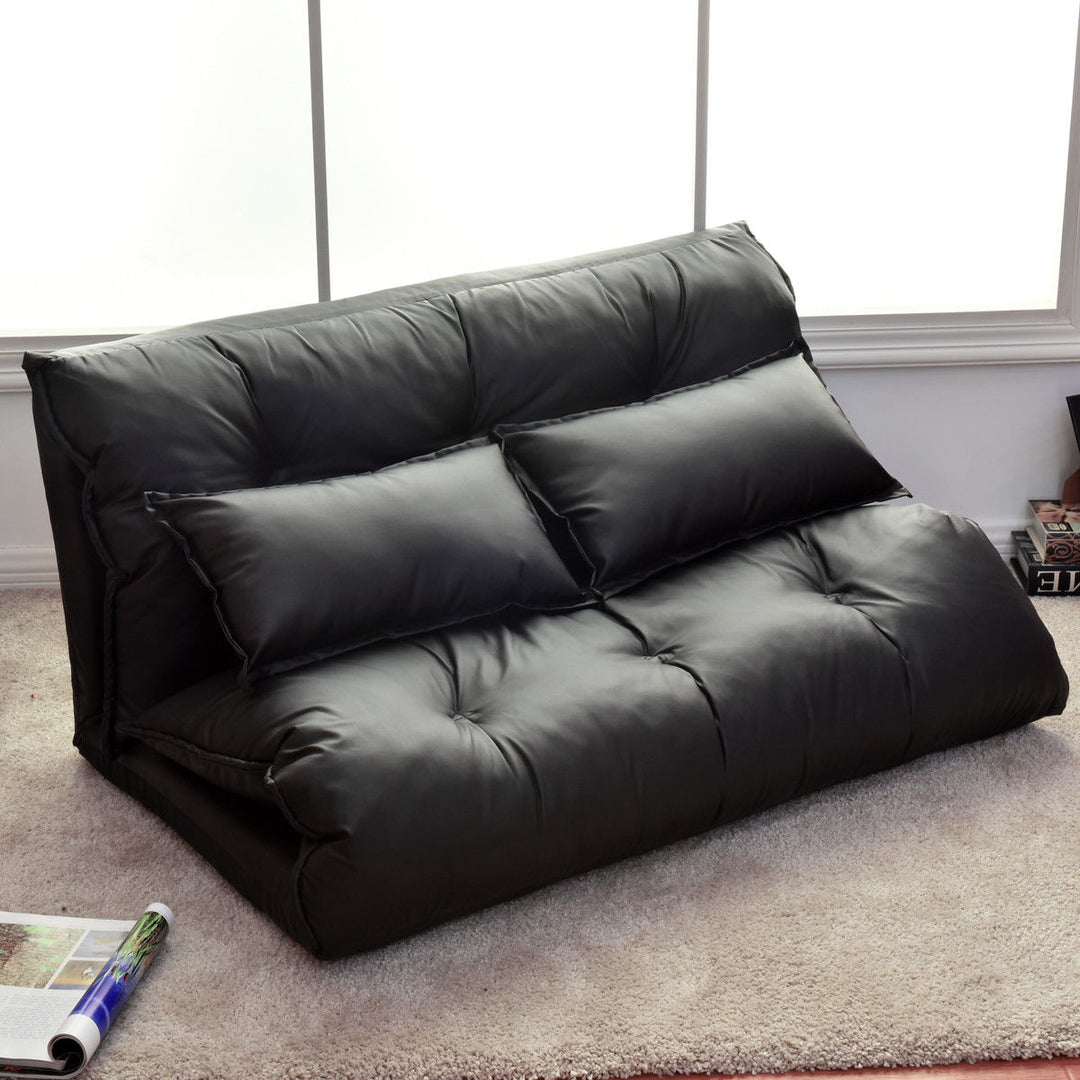 PU Leather Foldable Modern Leisure Floor Sofa Bed Video Gaming 2 Pillows Black Image 2