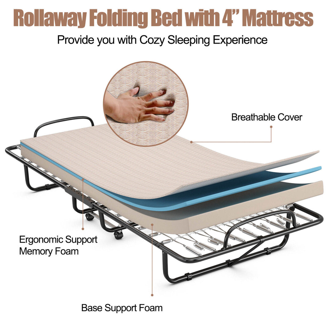 Folding Bed with Mattress Portable Rollaway Guest Cot Memory Foam Made in Italy Beige Image 7