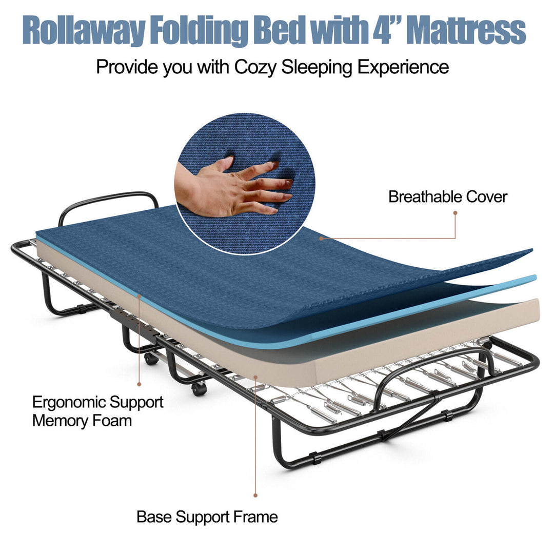 Folding Bed with Mattress Portable Rollaway Guest Cot Memory Foam Made in Italy Navy Image 7