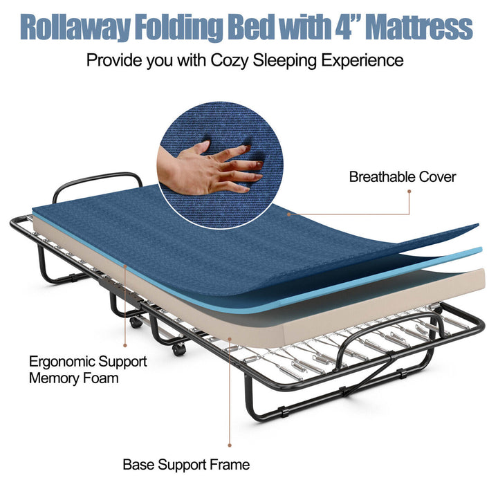 Folding Bed with Mattress Portable Rollaway Guest Cot Memory Foam Made in Italy Navy Image 7