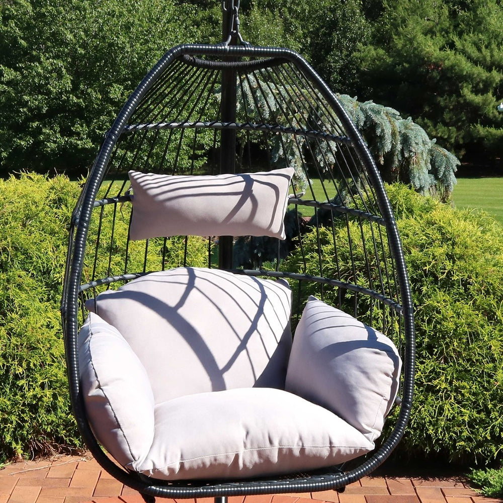 Sunnydaze Large Black Resin Wicker Hanging Egg Chair with Cushions - Gray Image 2