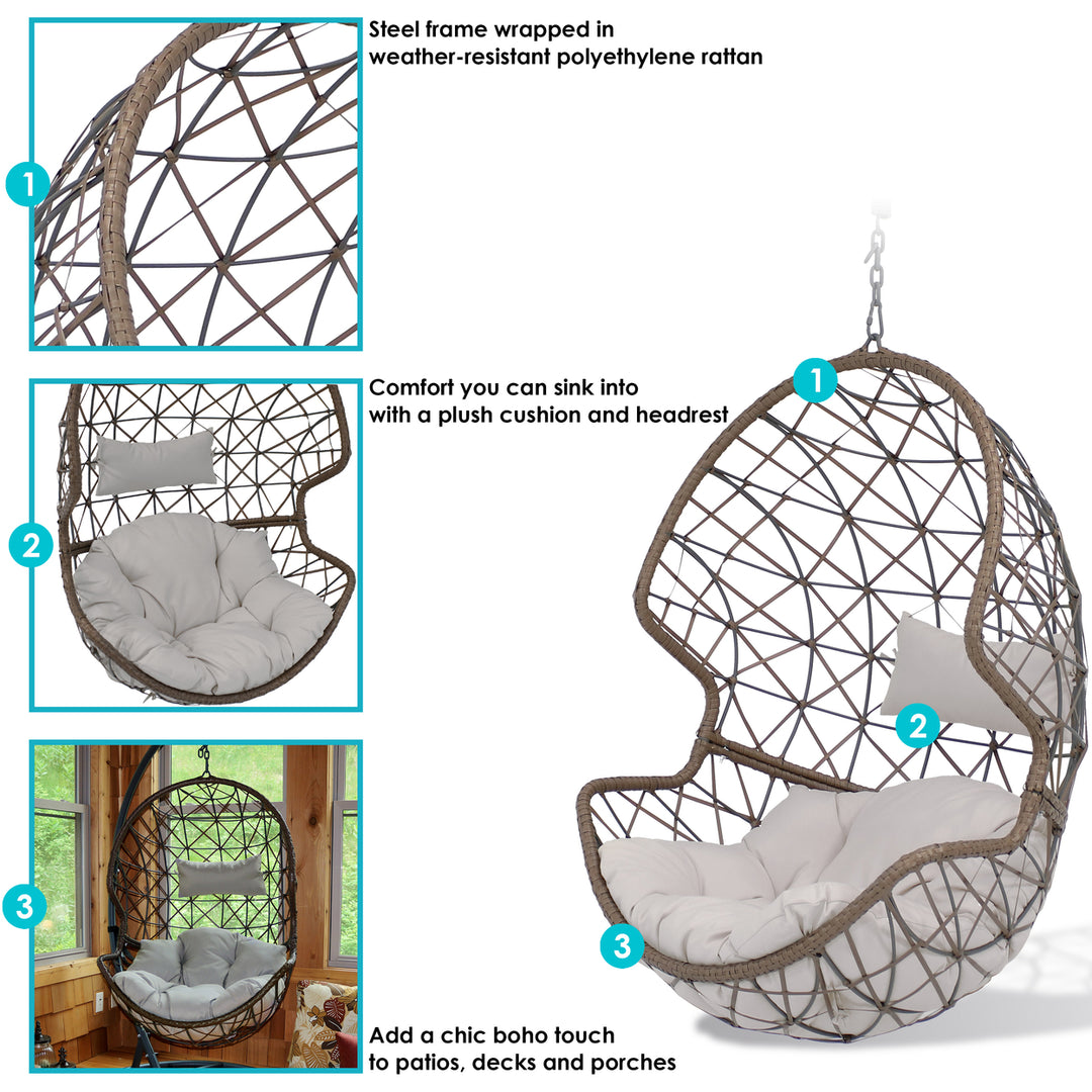 Sunnydaze Brown Resin Wicker Basket Hanging Egg Chair with Cushions - Gray Image 4