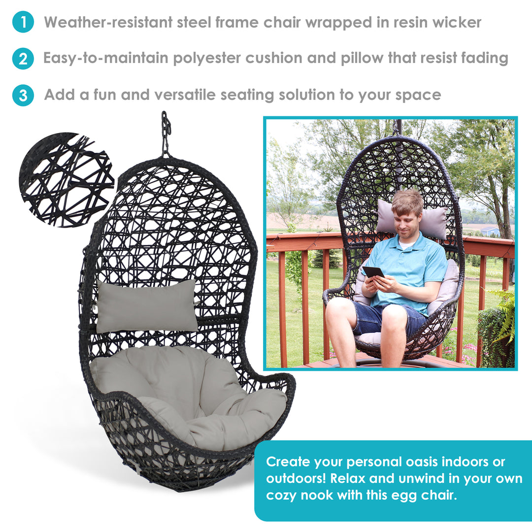 Sunnydaze Black Resin Wicker Basket Hanging Egg Chair with Cushions - Gray Image 2