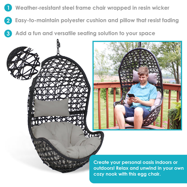 Sunnydaze Black Resin Wicker Basket Hanging Egg Chair with Cushions - Gray Image 4