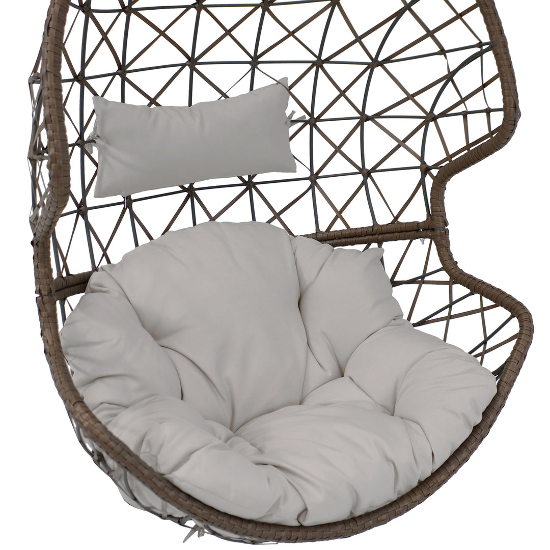 Sunnydaze Brown Resin Wicker Basket Hanging Egg Chair with Cushions - Gray Image 8