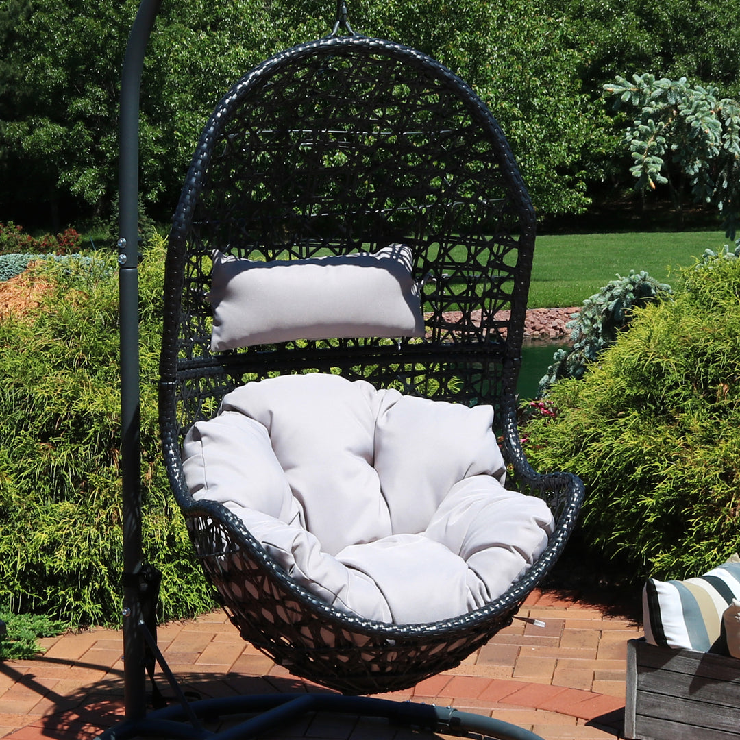 Sunnydaze Black Resin Wicker Basket Hanging Egg Chair with Cushions - Gray Image 7