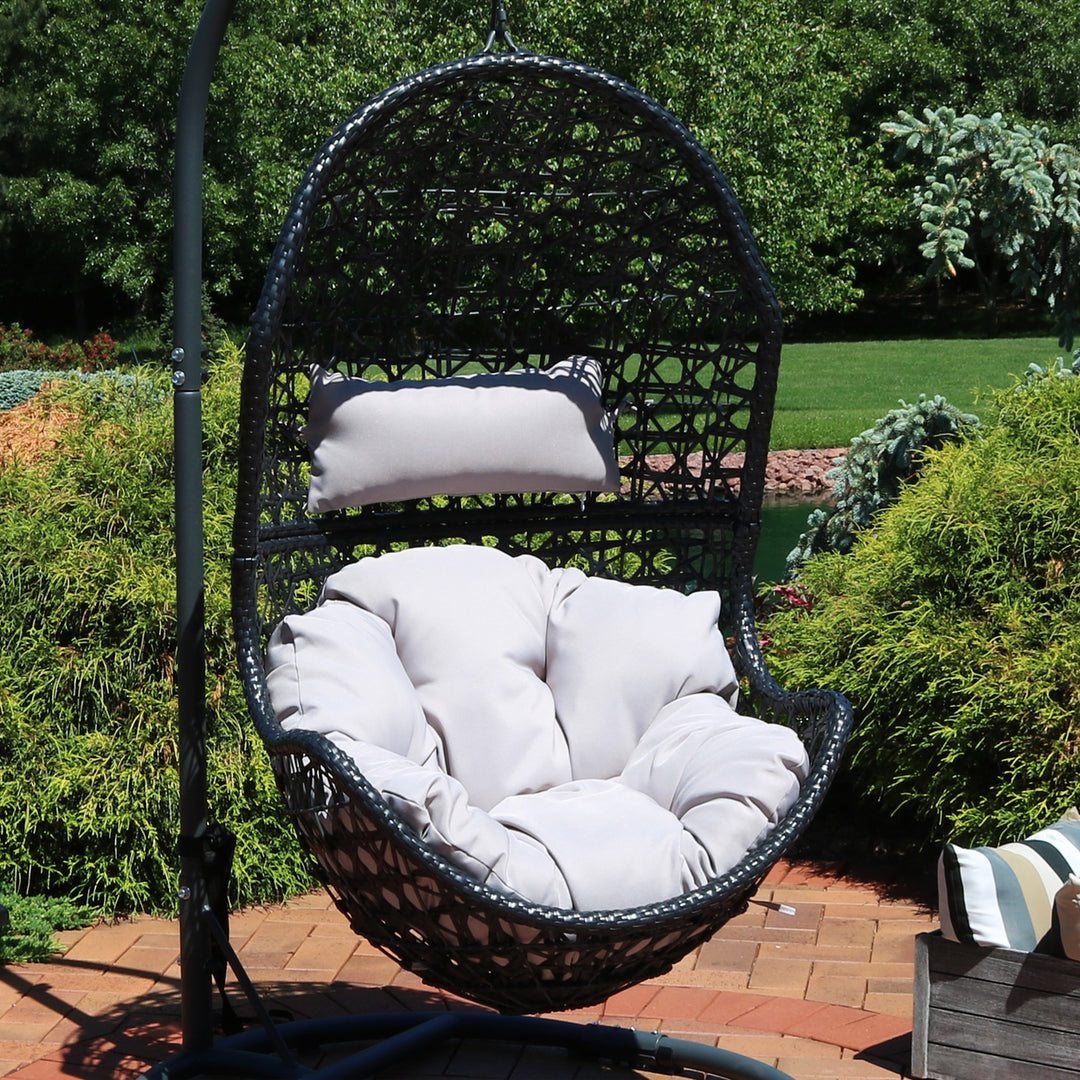 Sunnydaze Black Resin Wicker Basket Hanging Egg Chair with Cushions - Gray Image 5