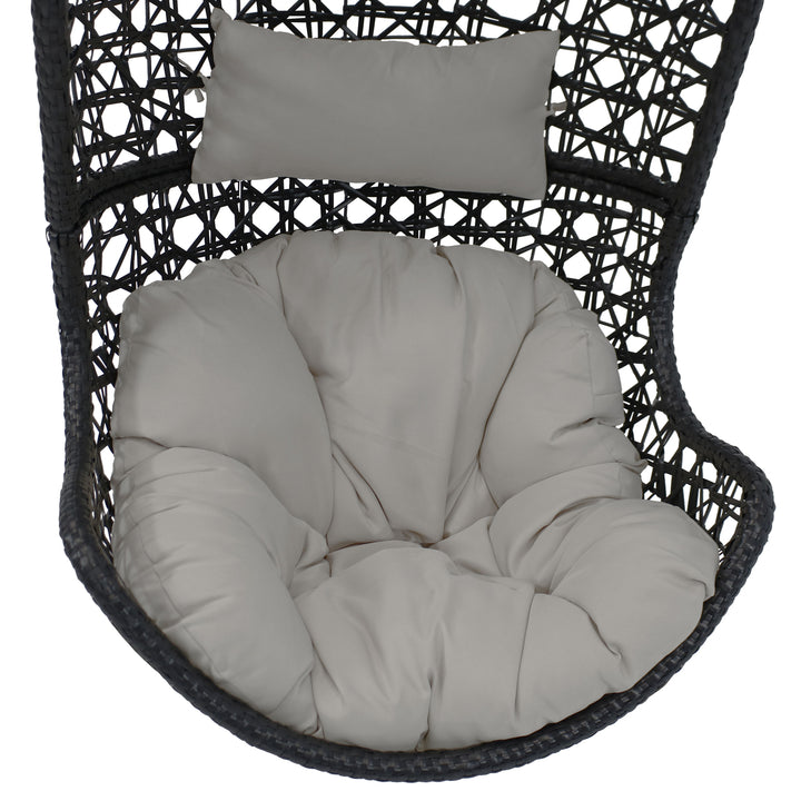 Sunnydaze Black Resin Wicker Basket Hanging Egg Chair with Cushions - Gray Image 10