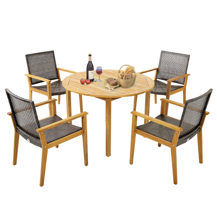 5 PCS Patio Dining Set Round Acacia Wood Table 4 Wicker Armchairs Outdoor Garden Image 1