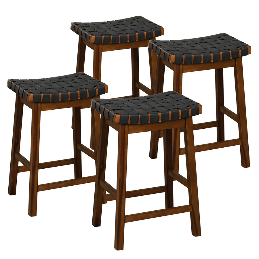 Saddle Stools Set of 4 25.5 Inch Counter Height Stools w/ PU Leather Woven Seat Brown Image 1