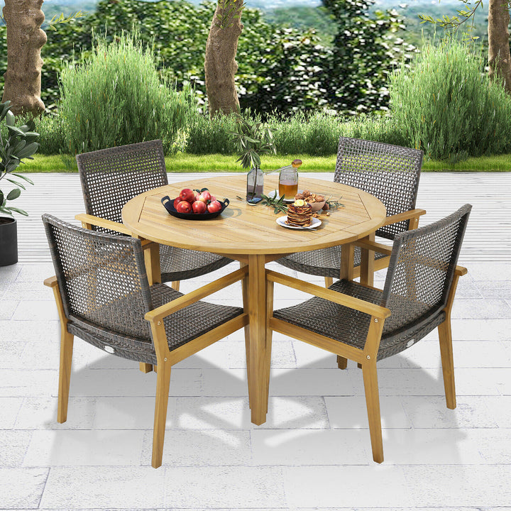 5 PCS Patio Dining Set Round Acacia Wood Table 4 Wicker Armchairs Outdoor Garden Image 2