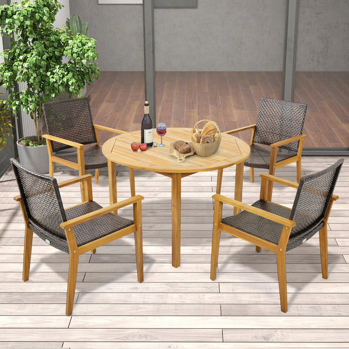 5 PCS Patio Dining Set Round Acacia Wood Table 4 Wicker Armchairs Outdoor Garden Image 4