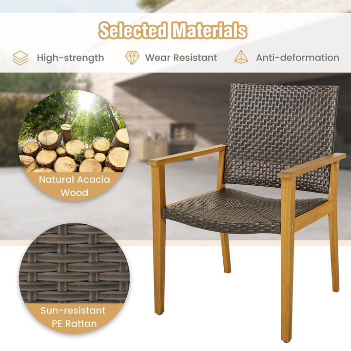 5 PCS Patio Dining Set Round Acacia Wood Table 4 Wicker Armchairs Outdoor Garden Image 10