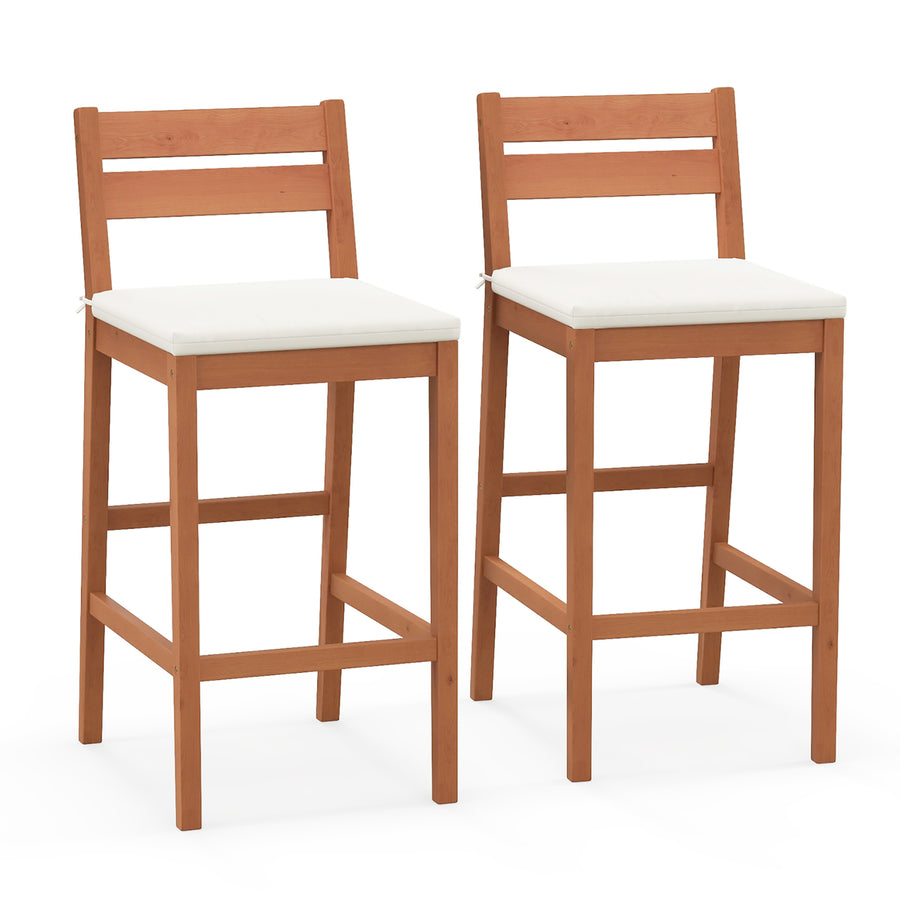 Patio Eucalyptus Wood Bar Stools Set of 2 Outdoor Bar Height Patio Chairs w/ Cushions Image 1