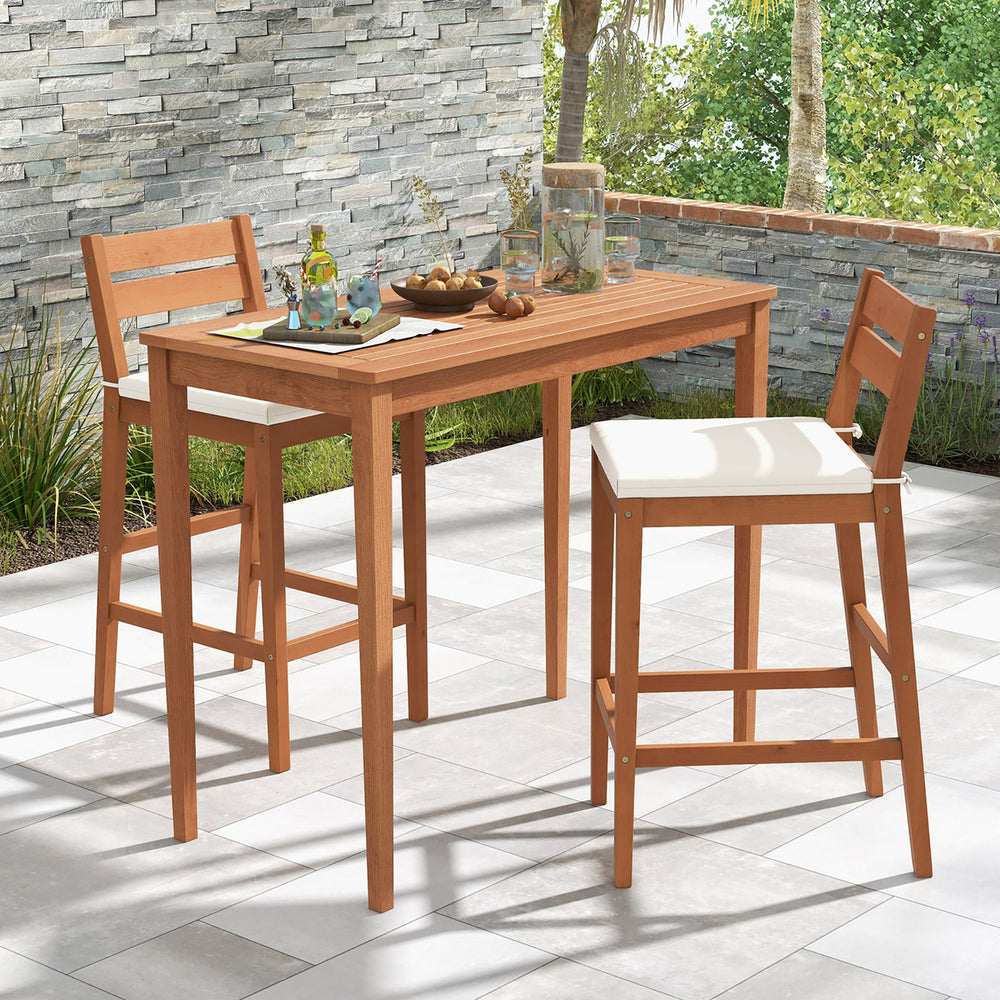 Patio Eucalyptus Wood Bar Stools Set of 2 Outdoor Bar Height Patio Chairs w/ Cushions Image 2