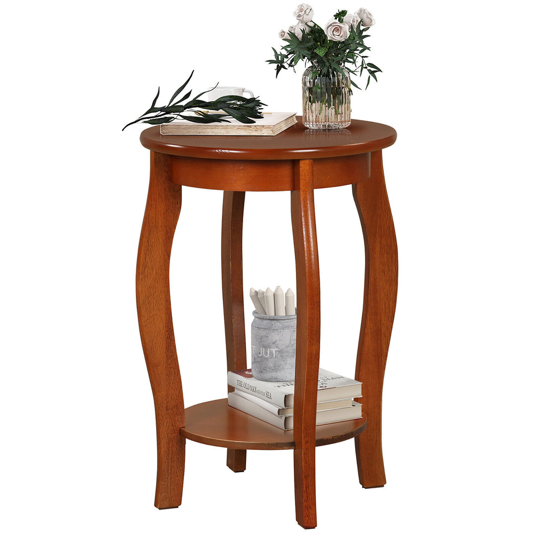 2-Tier Round End Table Narrow Sofa Side Nightstand w/ Storage Shelf and Wood Legs Image 1